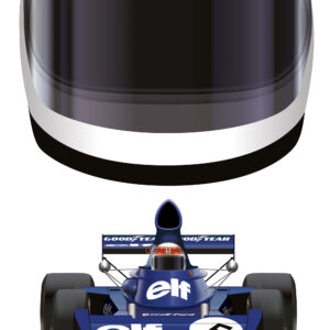 Jackie Stewart 1973 Formula 1 Helmet and Tyrrell wall art poster print from the F1 Helmets store collection.